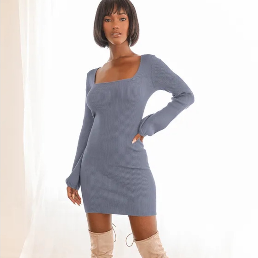 NWT Lulu's Dusty Blue Ribbed Bodycon Sweater Dress